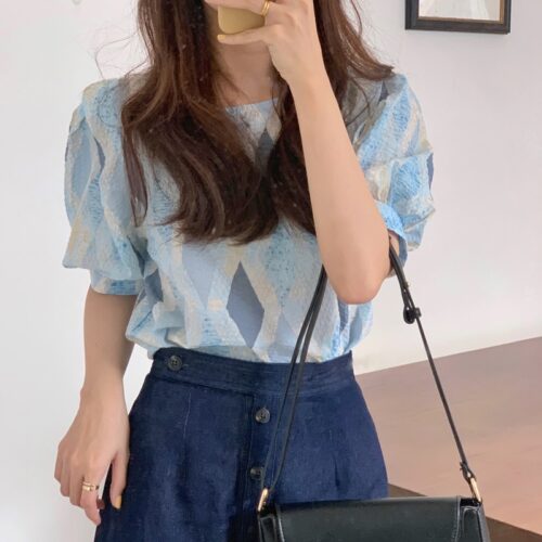 Summer O-Neck Puff Sleeves Loose Geometric Blue Blouse - Image 2