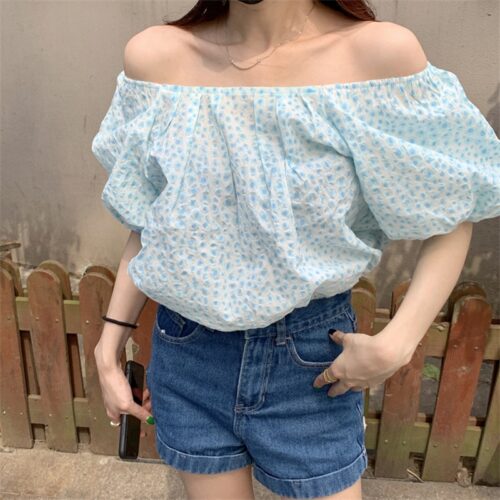 Summer Off-Shoulder Short Sleeves Abstract Print Loose Blouse - Image 3