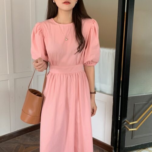 Summer O-Neck Short Sleeves Elastic-Waist Calf Length Solid Dress - Image 3