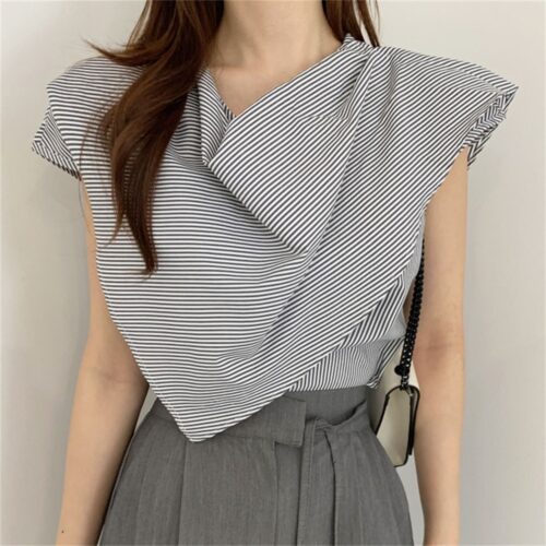 Summer O-Neck Sleeveless Striped Irregular Blouse