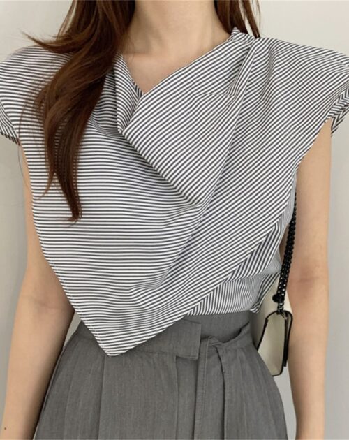 Summer O-Neck Sleeveless Striped Irregular Blouse