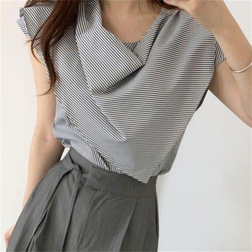 Summer O-Neck Sleeveless Striped Irregular Blouse - Image 2