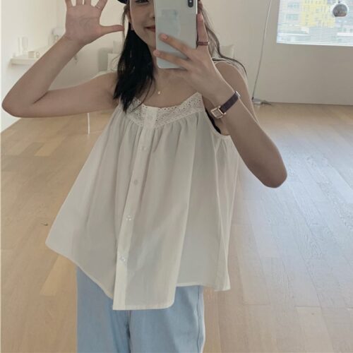Summer Thin Shoulder Straps Sleeveless Hollow Out Buttons Loose Spaghetti Top - Image 6