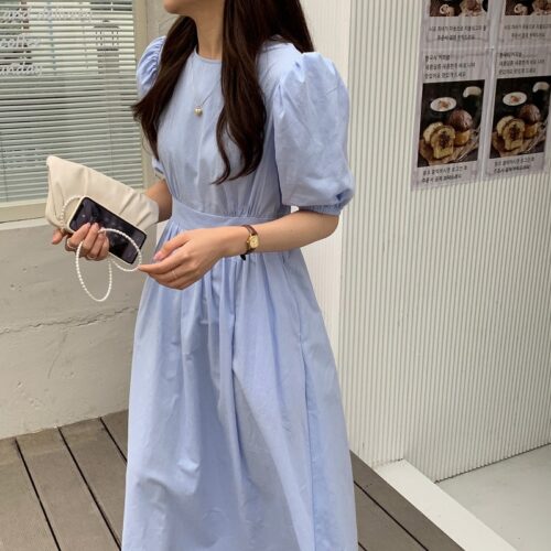 Summer O-Neck Short Sleeves Elastic-Waist Calf Length Solid Dress - Image 4