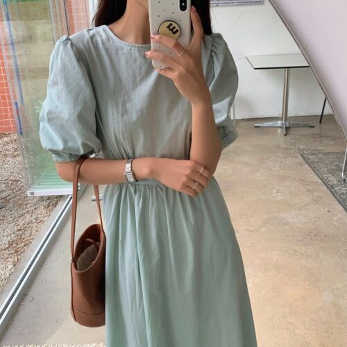 Summer O-Neck Short Sleeves Elastic-Waist Calf Length Solid Dress - Image 5