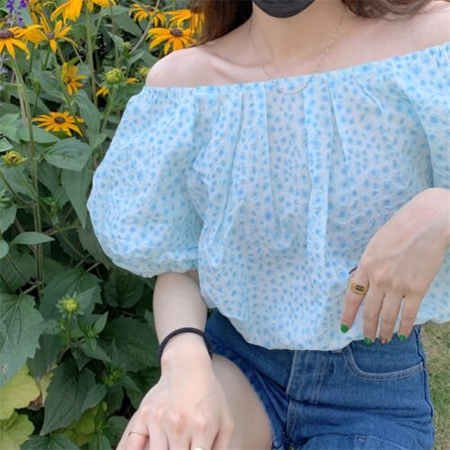 Summer Off-Shoulder Short Sleeves Abstract Print Loose Blouse - Image 5