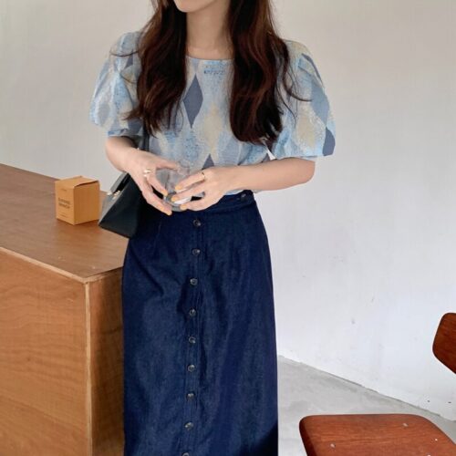 Summer O-Neck Puff Sleeves Loose Geometric Blue Blouse - Image 5