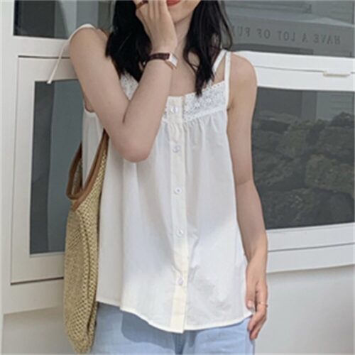 Summer Thin Shoulder Straps Sleeveless Hollow Out Buttons Loose Spaghetti Top - Image 2