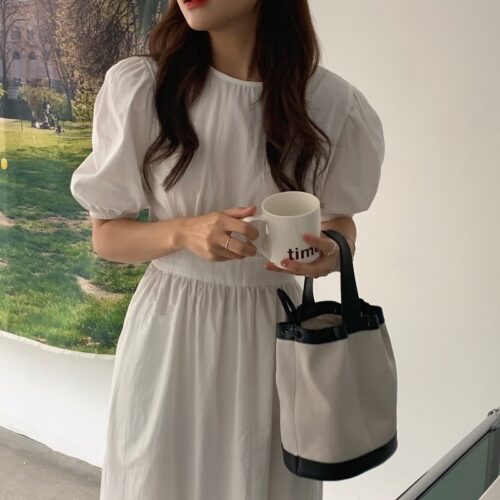 Summer O-Neck Short Sleeves Elastic-Waist Calf Length Solid Dress - Image 8