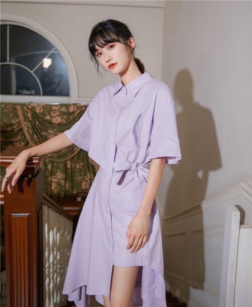 Summer Korean Turn-Down Collar Short Sleeves Buttons Lace-Up Asymmetrical Long Shirt Dress - Image 3