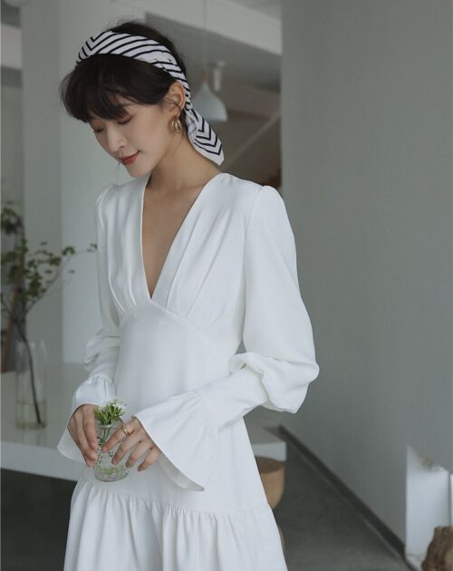 Deep V-Neck Long Flare Sleeves White Mini Dress
