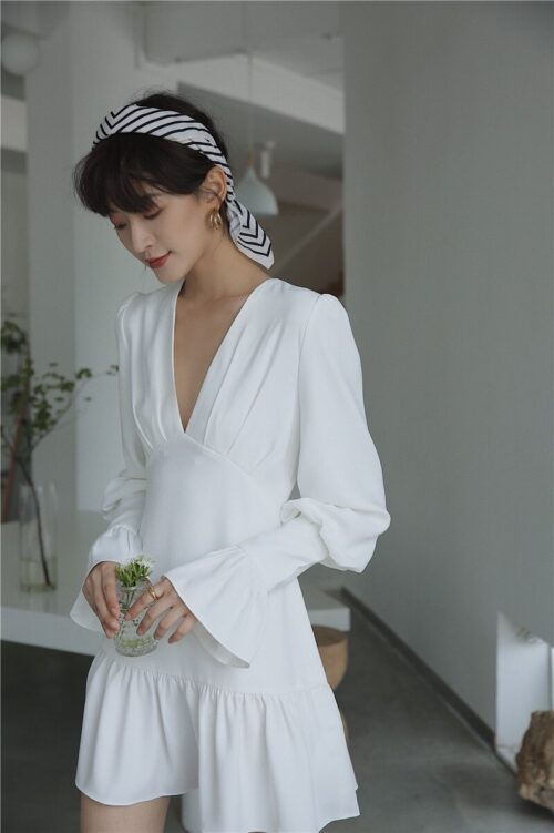 Deep V-Neck Long Flare Sleeves White Mini Dress
