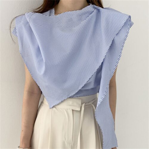 Summer O-Neck Sleeveless Striped Irregular Blouse - Image 3