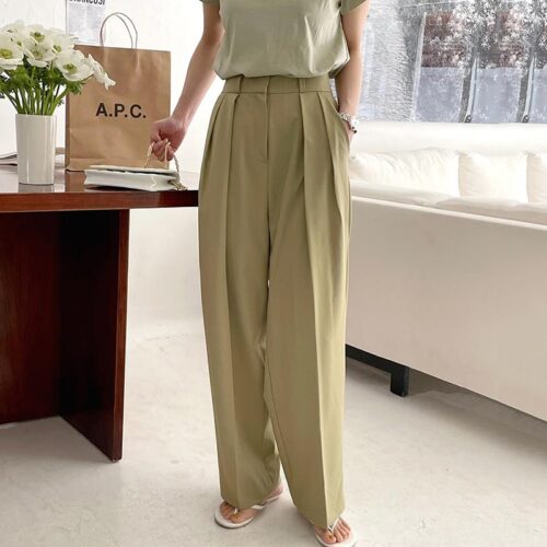 Summer Korean High Waist Loose Folds Wide Leg Solid Suit Pants - Image 4
