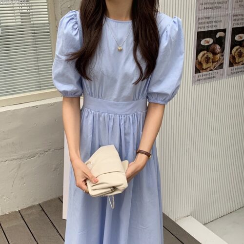 Summer O-Neck Short Sleeves Elastic-Waist Calf Length Solid Dress