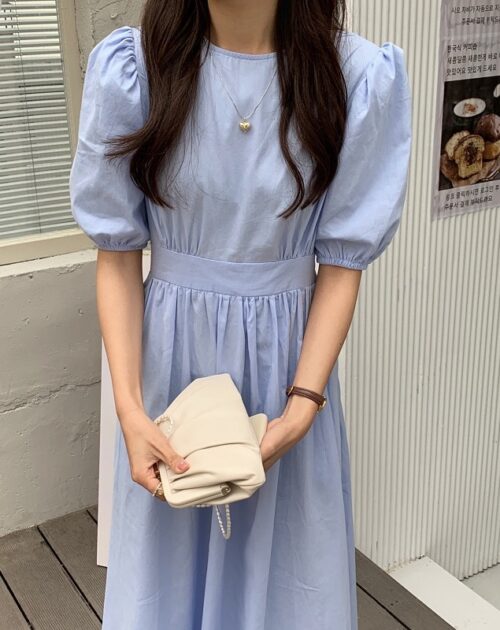 Summer O-Neck Short Sleeves Elastic-Waist Calf Length Solid Dress