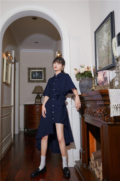 Summer Korean Turn-Down Collar Short Sleeves Buttons Lace-Up Asymmetrical Long Shirt Dress - Image 5