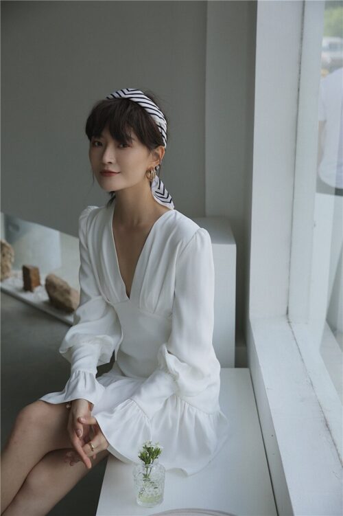 Spring Korean Deep V-Neck Long Flare Sleeves White Mini Dress - Image 3