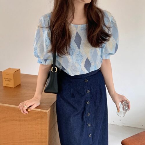 Summer O-Neck Puff Sleeves Loose Geometric Blue Blouse - Image 4