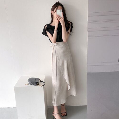 Summer O-Neck Flying Sleeves Blouse and High Waist Solid Lace-Up Skirt - Image 5