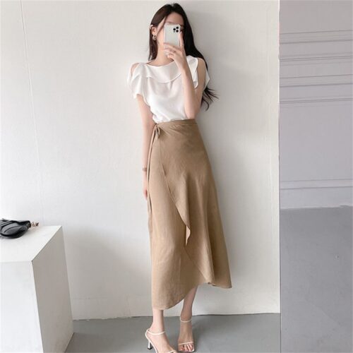 Summer O-Neck Flying Sleeves Blouse and High Waist Solid Lace-Up Skirt - Image 3