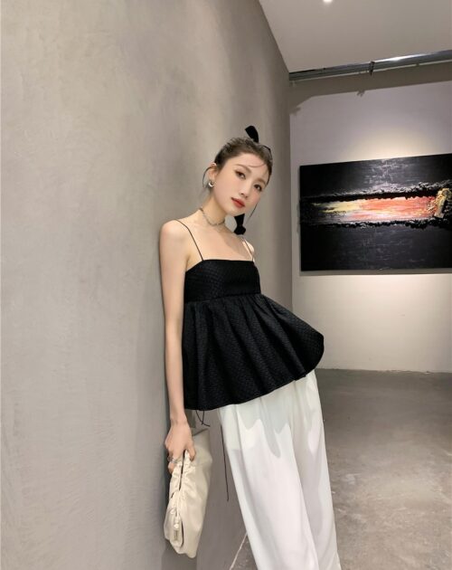 Thin Shoulder Straps Sleeveless Texture Black Tie Back Spaghetti Top