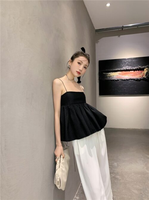 Thin Shoulder Straps Sleeveless Texture Black Tie Back Spaghetti Top