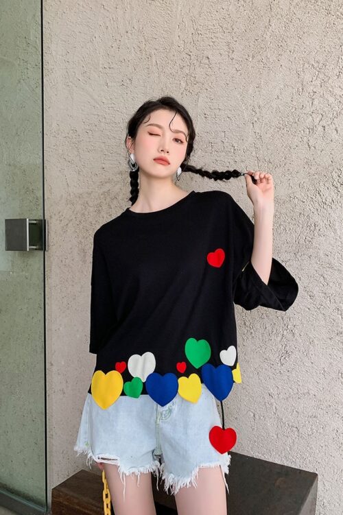 Summer Korean O-Neck Short Sleeves Colorful Heart Patch T-Shirt - Image 3