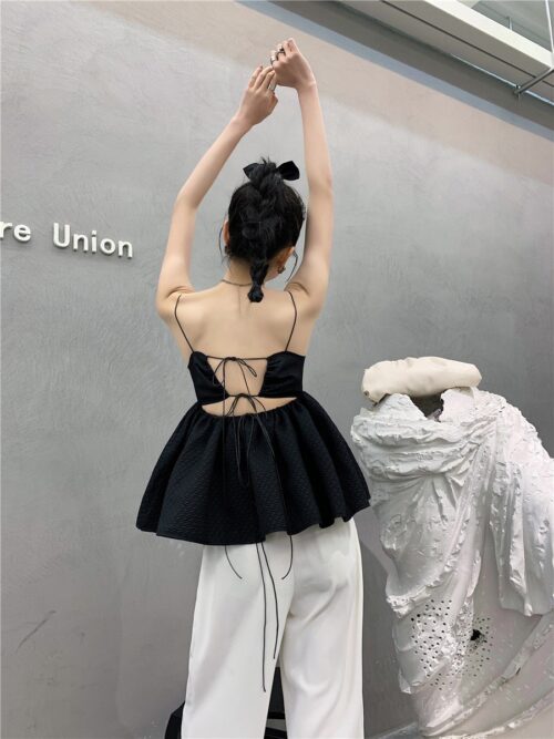 Summer Thin Shoulder Straps Sleeveless Texture Black Tie Back Spaghetti Top - Image 3