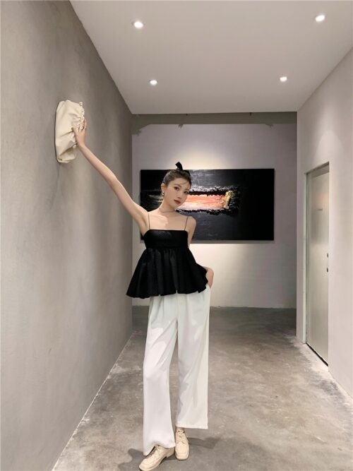 Summer Thin Shoulder Straps Sleeveless Texture Black Tie Back Spaghetti Top - Image 4