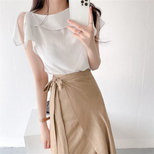 Summer O-Neck Flying Sleeves Blouse and High Waist Solid Lace-Up Skirt - Image 4