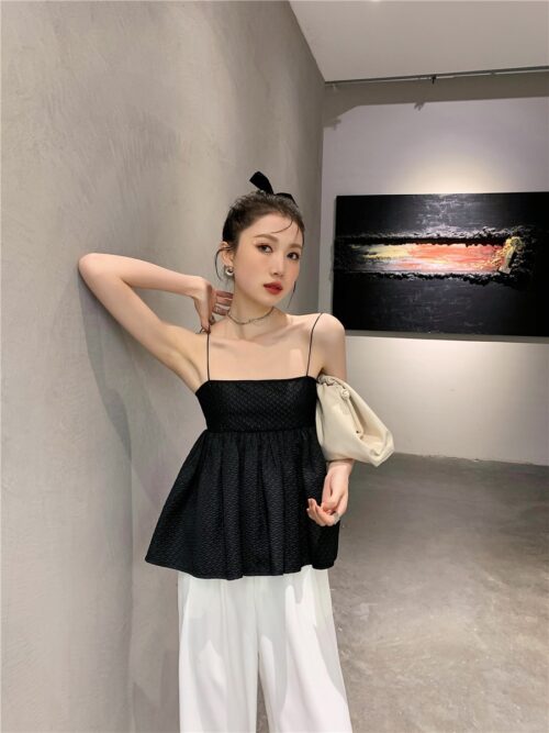 Summer Thin Shoulder Straps Sleeveless Texture Black Tie Back Spaghetti Top - Image 2