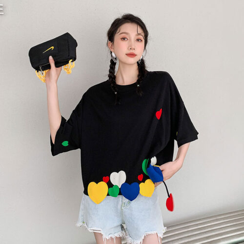 Summer Korean O-Neck Short Sleeves Colorful Heart Patch T-Shirt - Image 2