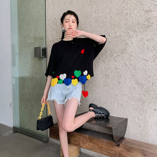 O-Neck Short Sleeves Colorful Heart Patch T-Shirt