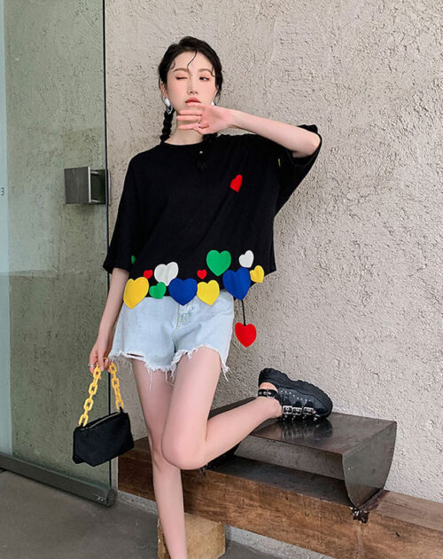 O-Neck Short Sleeves Colorful Heart Patch T-Shirt