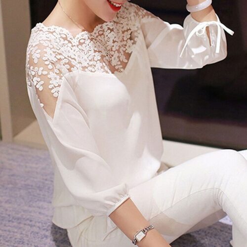 O-Neck 3/4 Sleeves Chiffon Lace Blouse