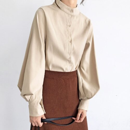 Spring / Autumn Stand Collar Big Lantern Sleeves Solid Blouse - Image 3