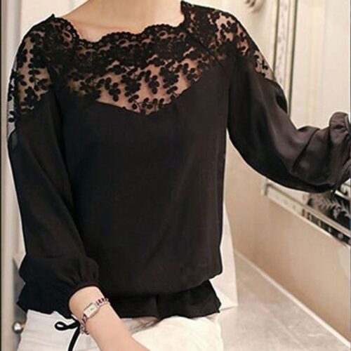 Spring / Autumn O-Neck 3/4 Sleeves Chiffon Lace Blouse - Image 2