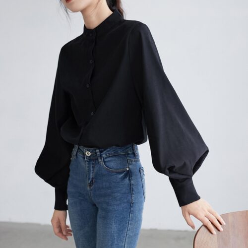 Autumn Stand Collar Big Lantern Sleeves Solid Blouse
