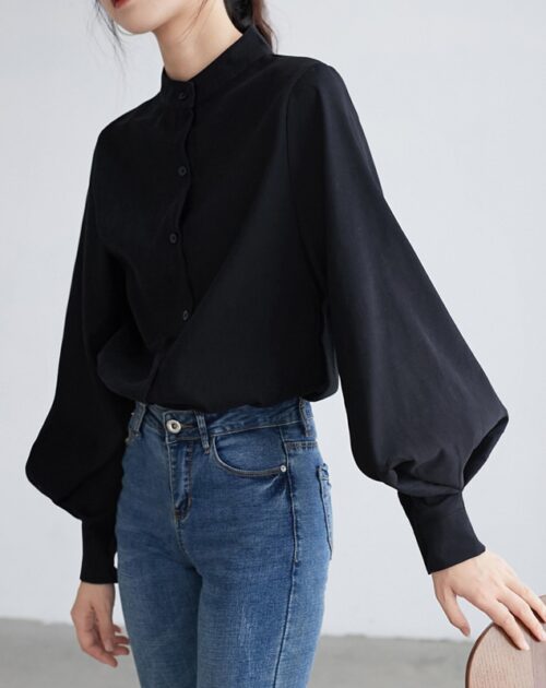 Autumn Stand Collar Big Lantern Sleeves Solid Blouse