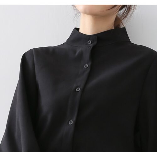 Spring / Autumn Stand Collar Big Lantern Sleeves Solid Blouse - Image 6