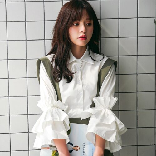 Korean Turn-Down Collar Long Layer Large Raffles Blouse