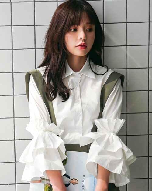 Korean Turn-Down Collar Long Layer Large Raffles Blouse
