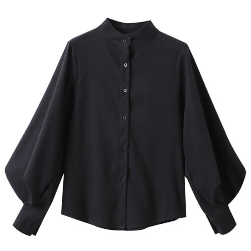 Spring / Autumn Stand Collar Big Lantern Sleeves Solid Blouse - Image 4