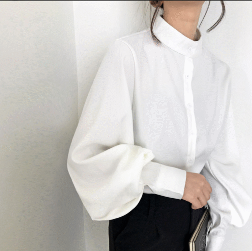 Spring / Autumn Stand Collar Big Lantern Sleeves Solid Blouse - Image 2