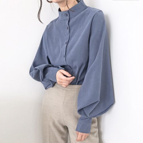 Spring / Autumn Stand Collar Big Lantern Sleeves Solid Blouse - Image 5