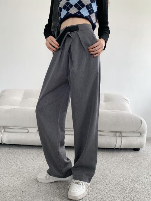 Spring / Autumn High Waist Magic Tape Straight Solid Pants - Image 3