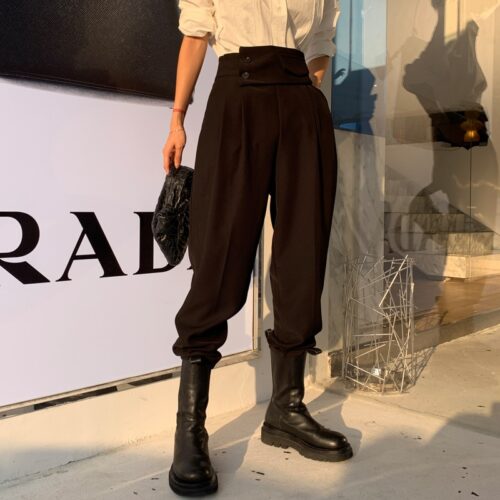 Autumn Korean High Waist Buttons Solid Harem Pants - Image 2