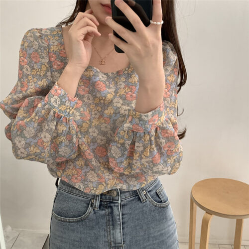 Square Collar Long Sleeves Floral Blouse