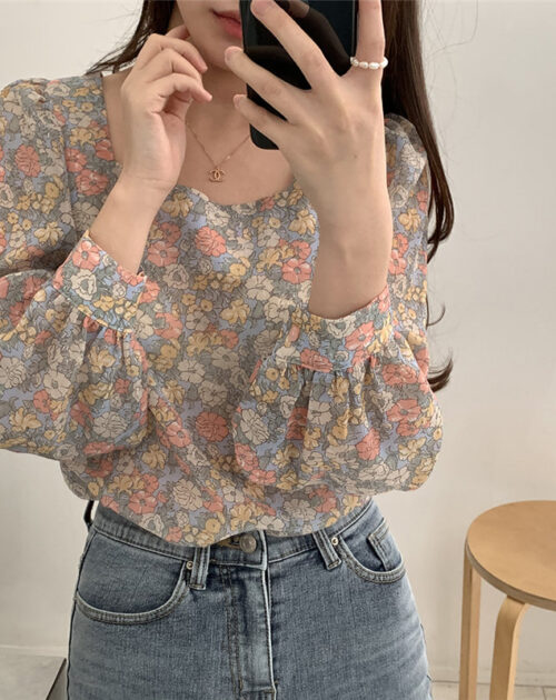 Square Collar Long Sleeves Floral Blouse